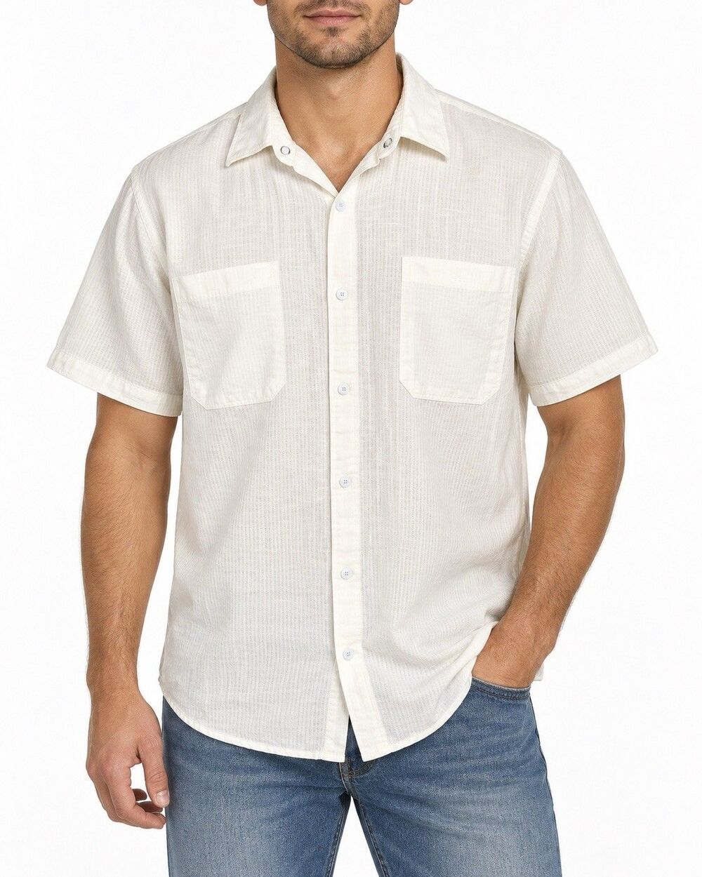 Calvin Klein Jeans Men’s XL Ivory Linen Cotton Short Sleeve Button Up Shirt